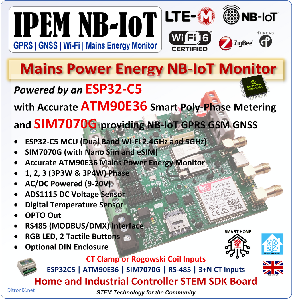 IPEM NB-IOT ATM90E36 ESP32C5 SIM7070G GPRS IoT LTE-M GNSS Mains Power Energy Monitor