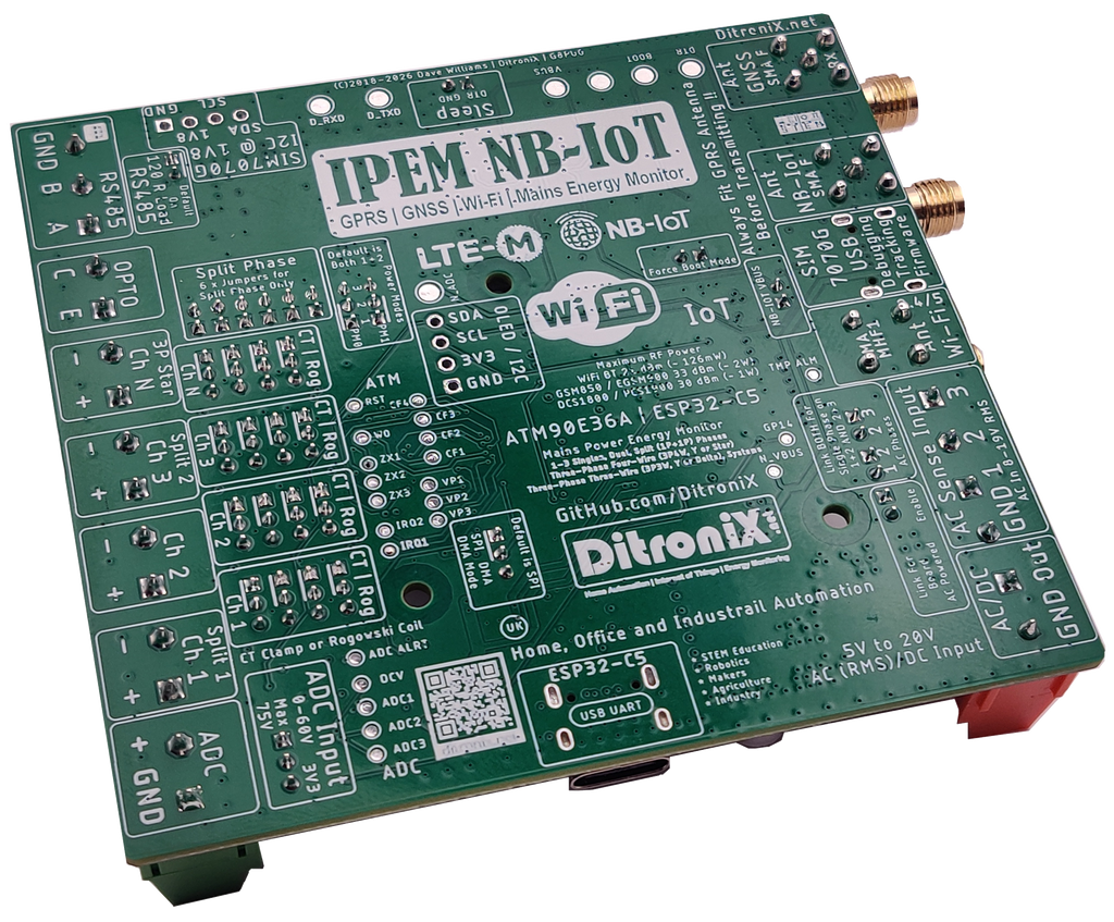 IPEM NB-IOT ATM90E36 ESP32C5 SIM7070G GPRS IoT LTE-M GNSS Mains Power Energy Monitor