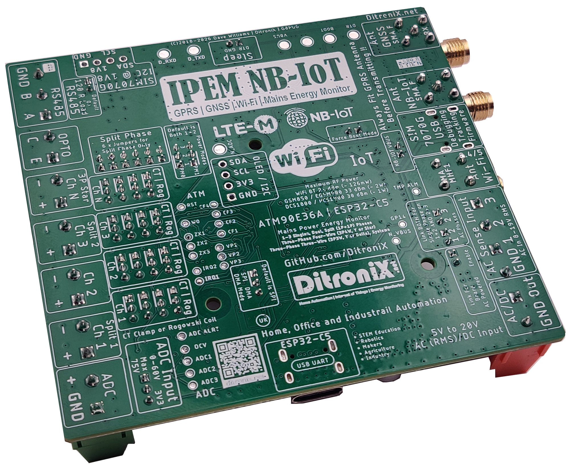 IPEM NB-IOT ATM90E36 ESP32C5 SIM7070G GPRS IoT LTE-M GNSS Mains Power Energy Monitor