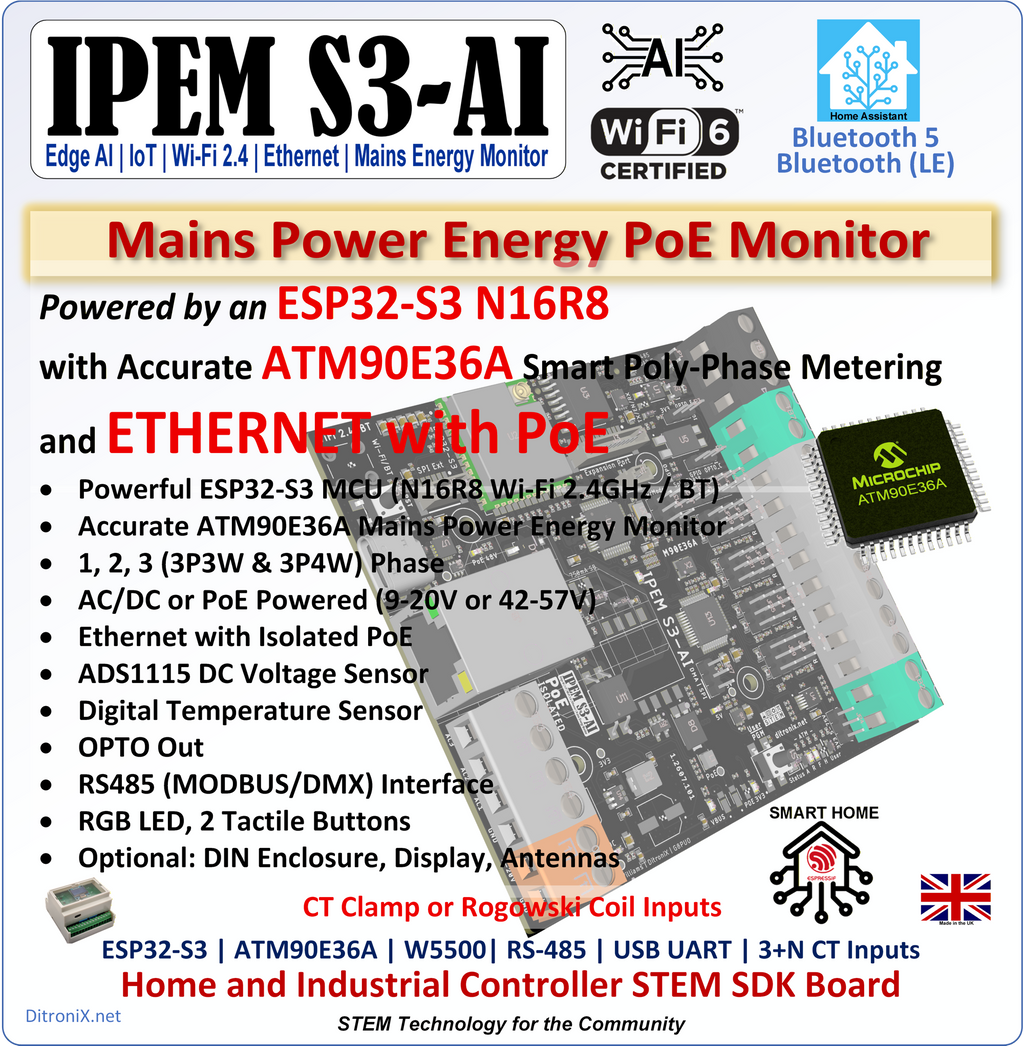 IPEM S3-AI ESP32-S3 ATM90E36A IoT Ethernet Mains Power Energy Monitor