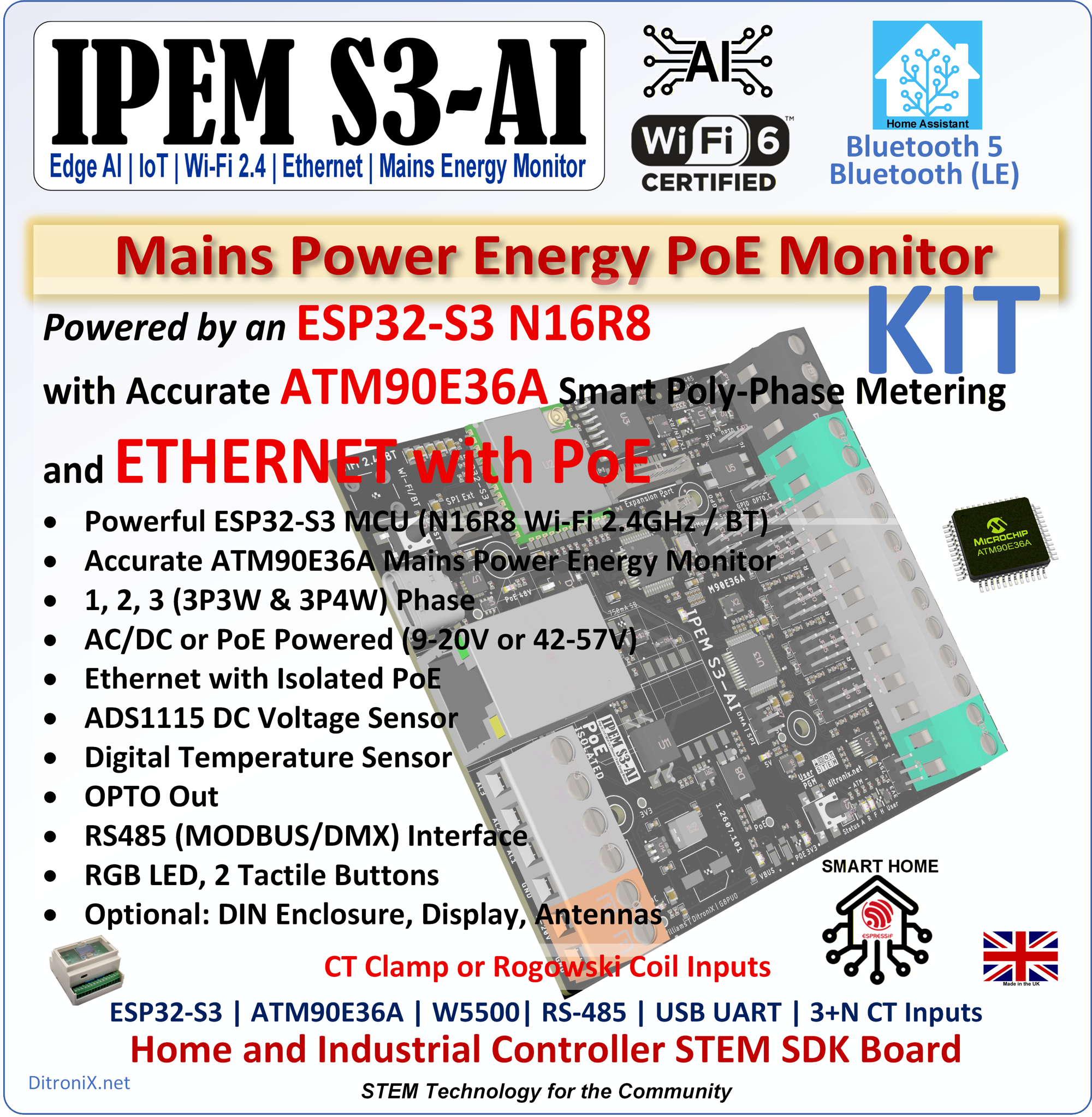IPEM S3-AI | KIT | ESP32-S3 ATM90E36A IoT Ethernet Mains Power Energy Monitor