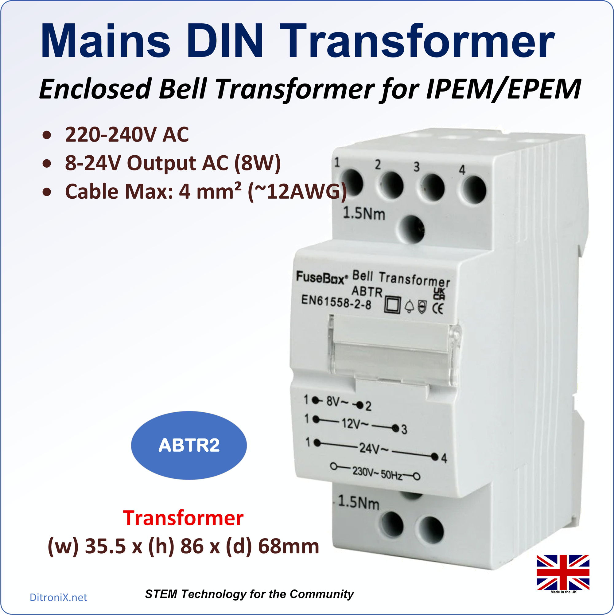 Mains DIN Transformer AC 240V/8-12-24V 8W