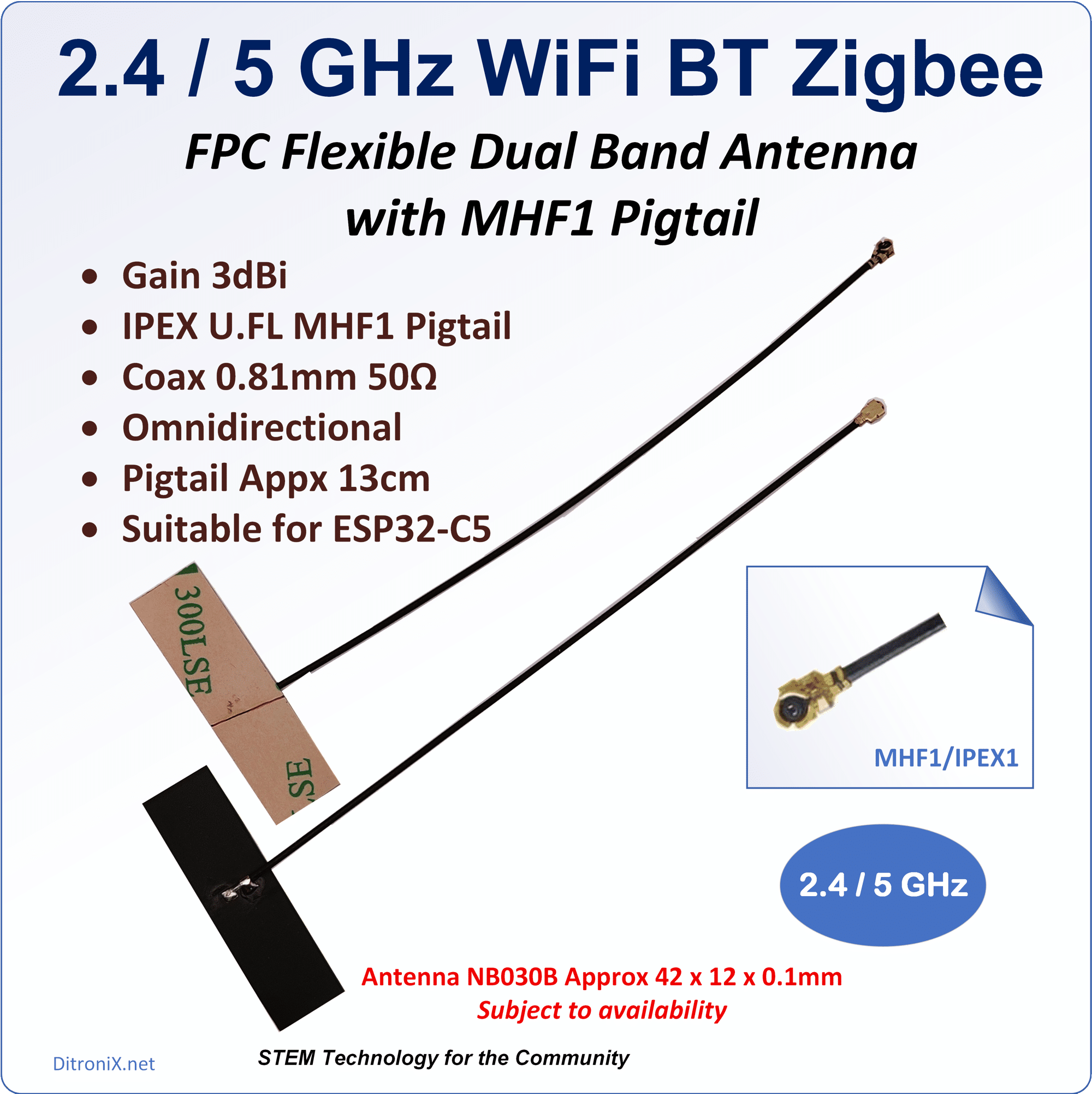 2.4GHz 5GHz FPC Antenna MHF1 Pigtail