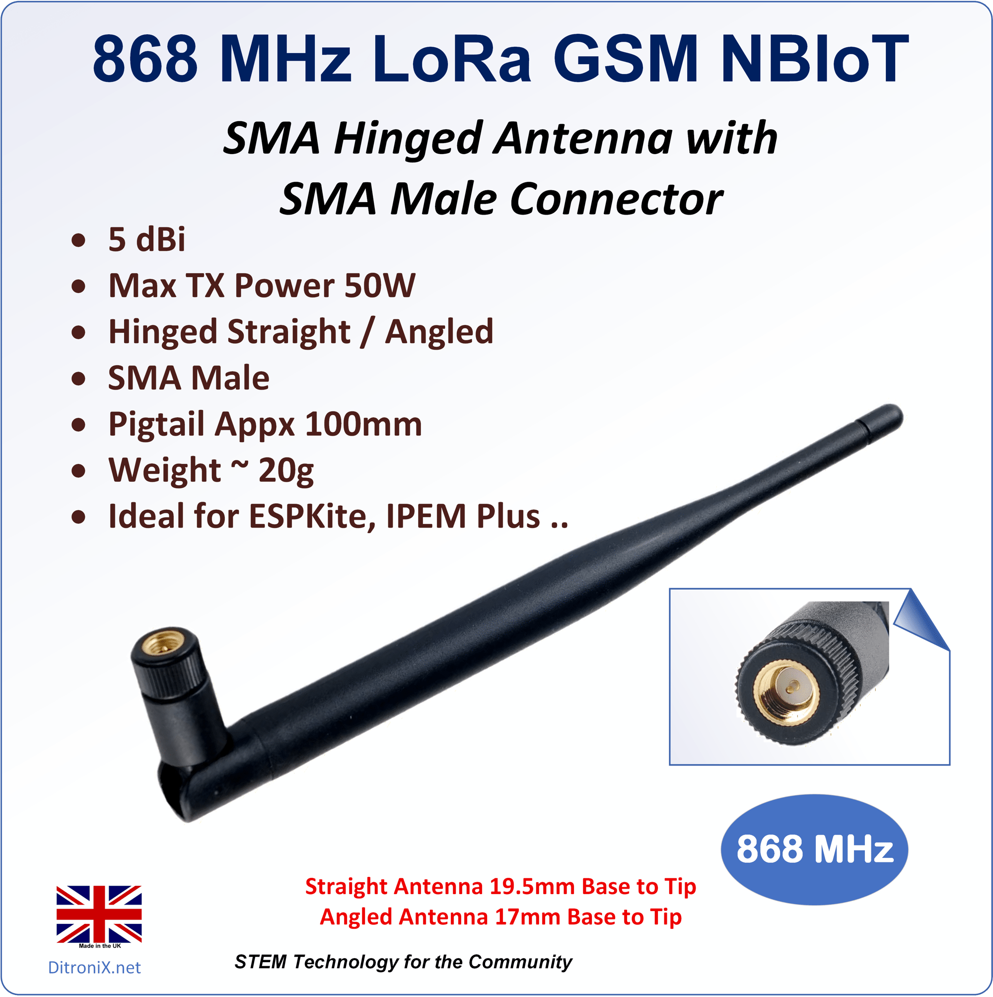 Antenna 868 MHz 5 dBi SMA Male Hinged