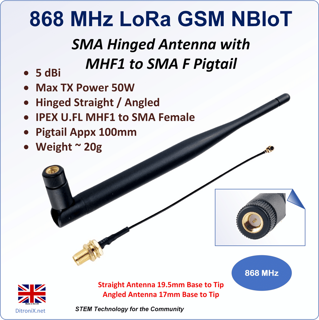 868 MHz Hinged Antenna MHF1-SMA-F Pigtail Cable