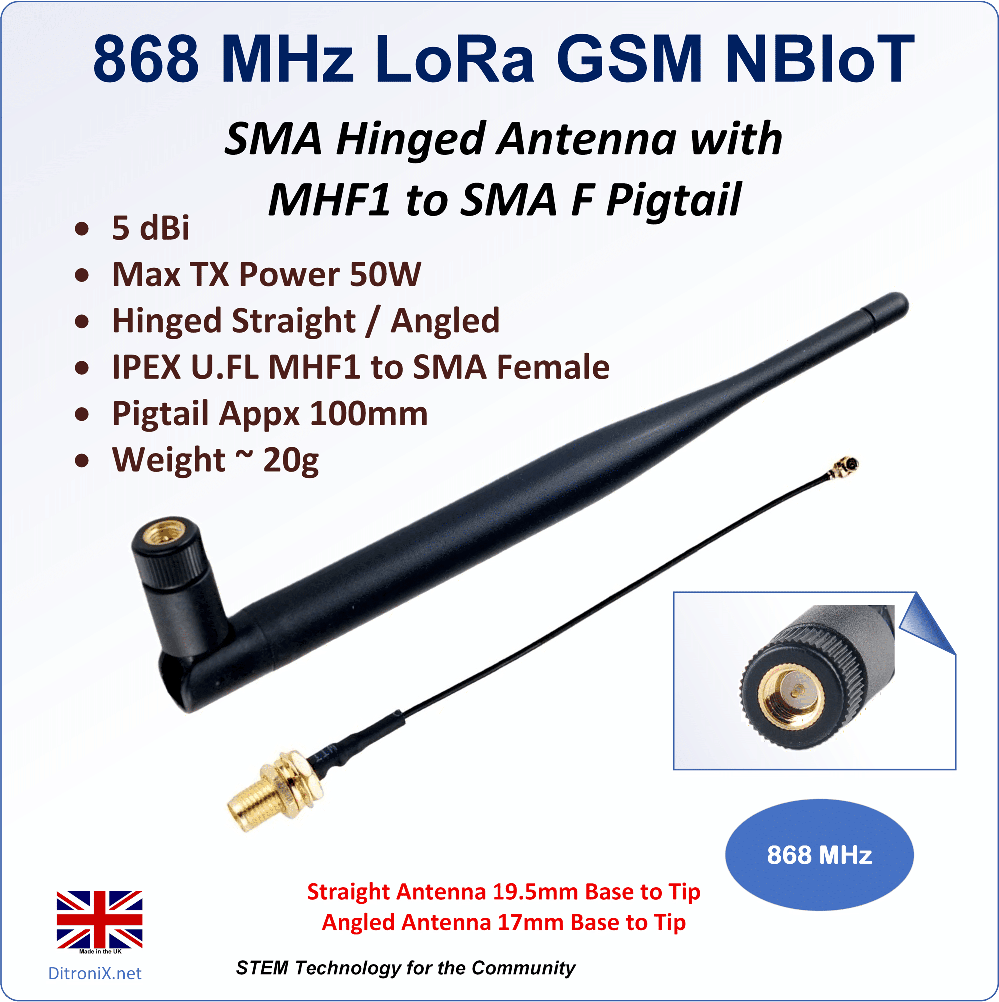 868 MHz Hinged Antenna MHF1-SMA-F Pigtail Cable