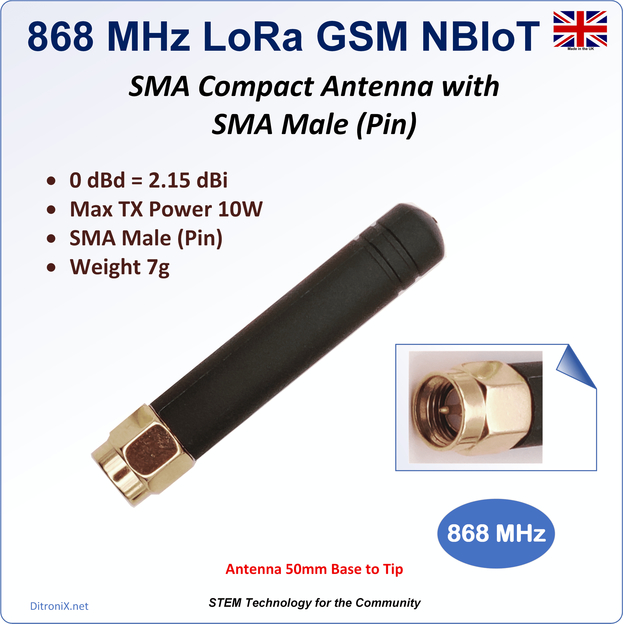 Antenna 868 MHz SMA Male Short 2.15 dBi