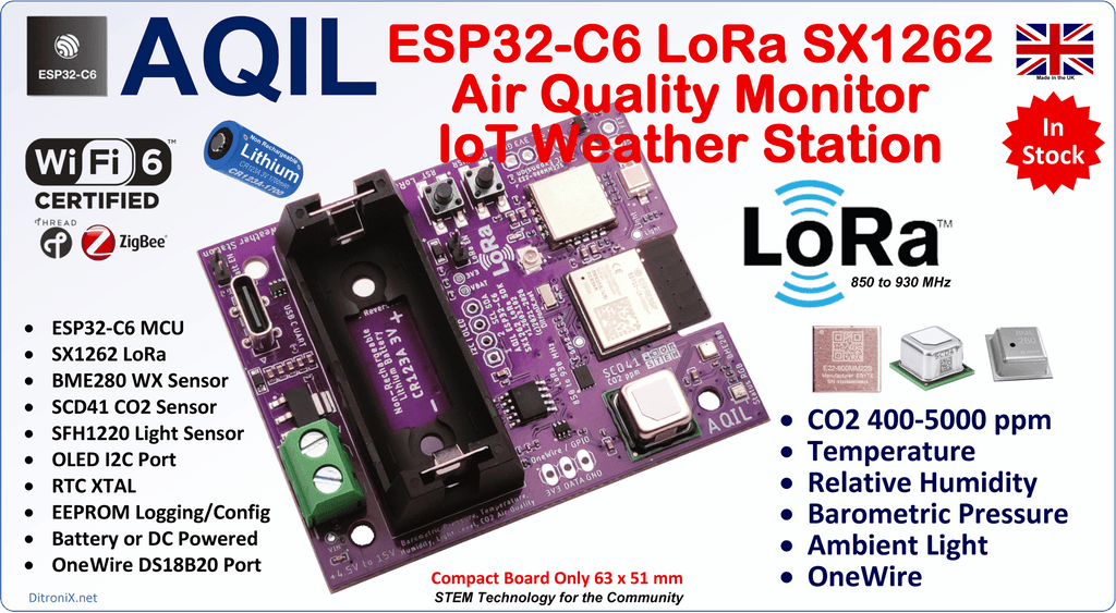 AQIL – ESP32-C6 SX1262 LoRa Air Quality Monitor IoT Weather Station