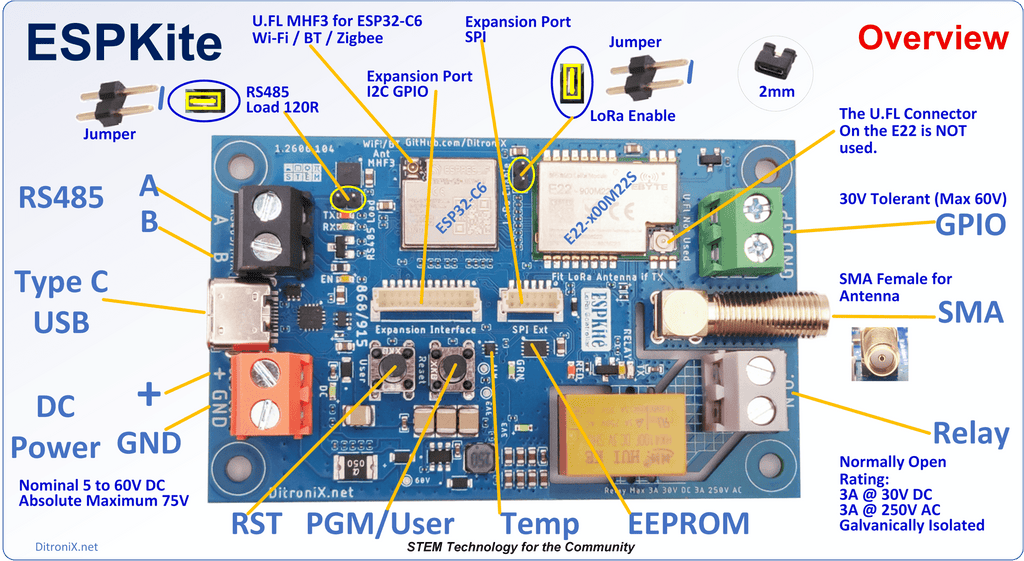 ESPKite | ESP32-C6 E22-900M22S SX1262 LoRa RS485 5-60V Relay Output