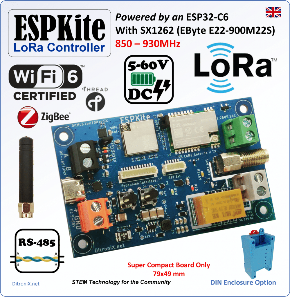 ESPKite | ESP32-C6 E22-900M22S SX1262 LoRa RS485 5-60V Relay Output