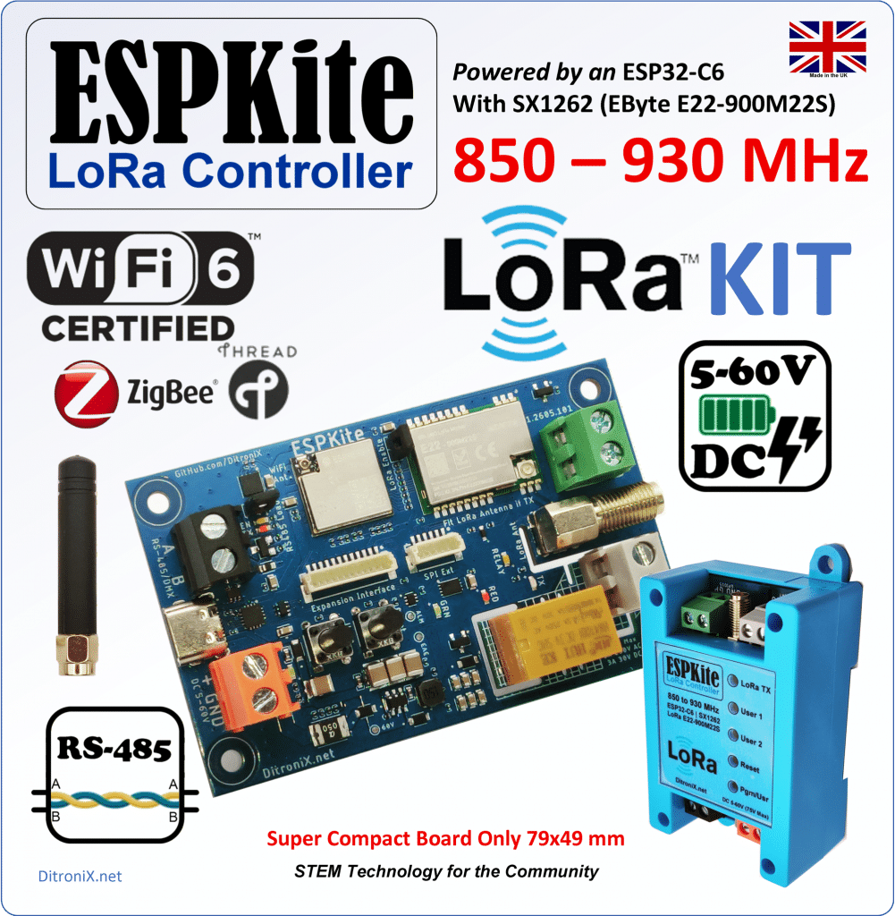 ESPKite | KIT | ESP32-C6 E22-900M22S SX1262 LoRa RS485 5-60V Relay Output