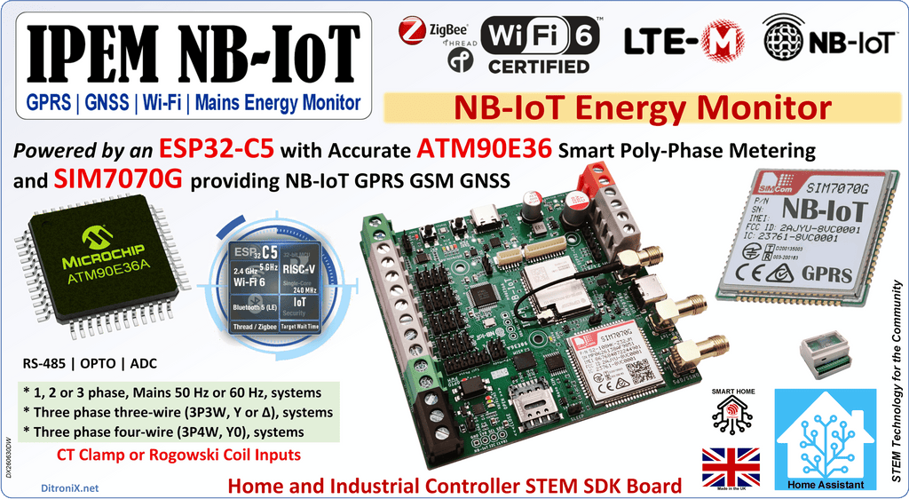 IPEM NB-IOT | KIT | ATM90E36 ESP32C5 SIM7070G GPRS IoT LTE-M GNSS Mains Power Energy Monitor
