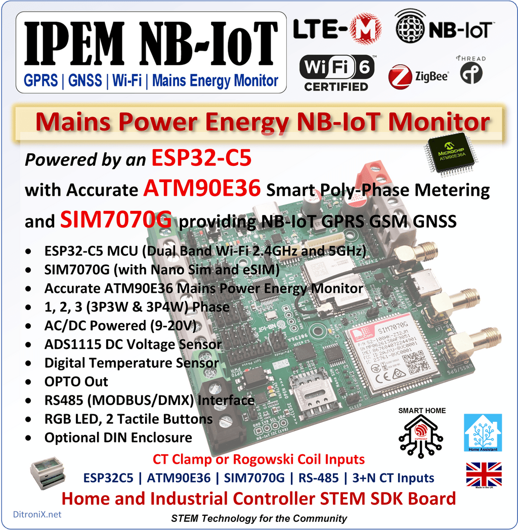 IPEM NB-IOT ATM90E36 ESP32C5 SIM7070G GPRS IoT LTE-M GNSS Mains Power Energy Monitor