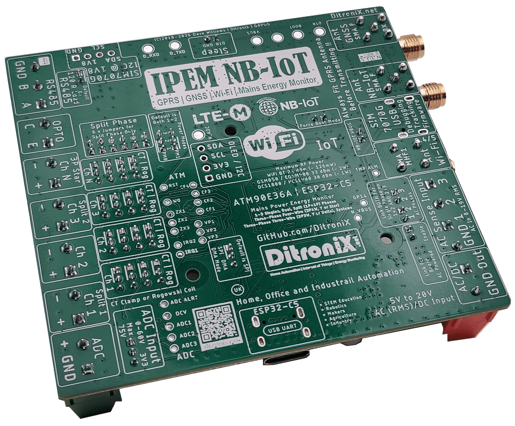 IPEM NB-IOT | KIT | ATM90E36 ESP32C5 SIM7070G GPRS IoT LTE-M GNSS Mains Power Energy Monitor