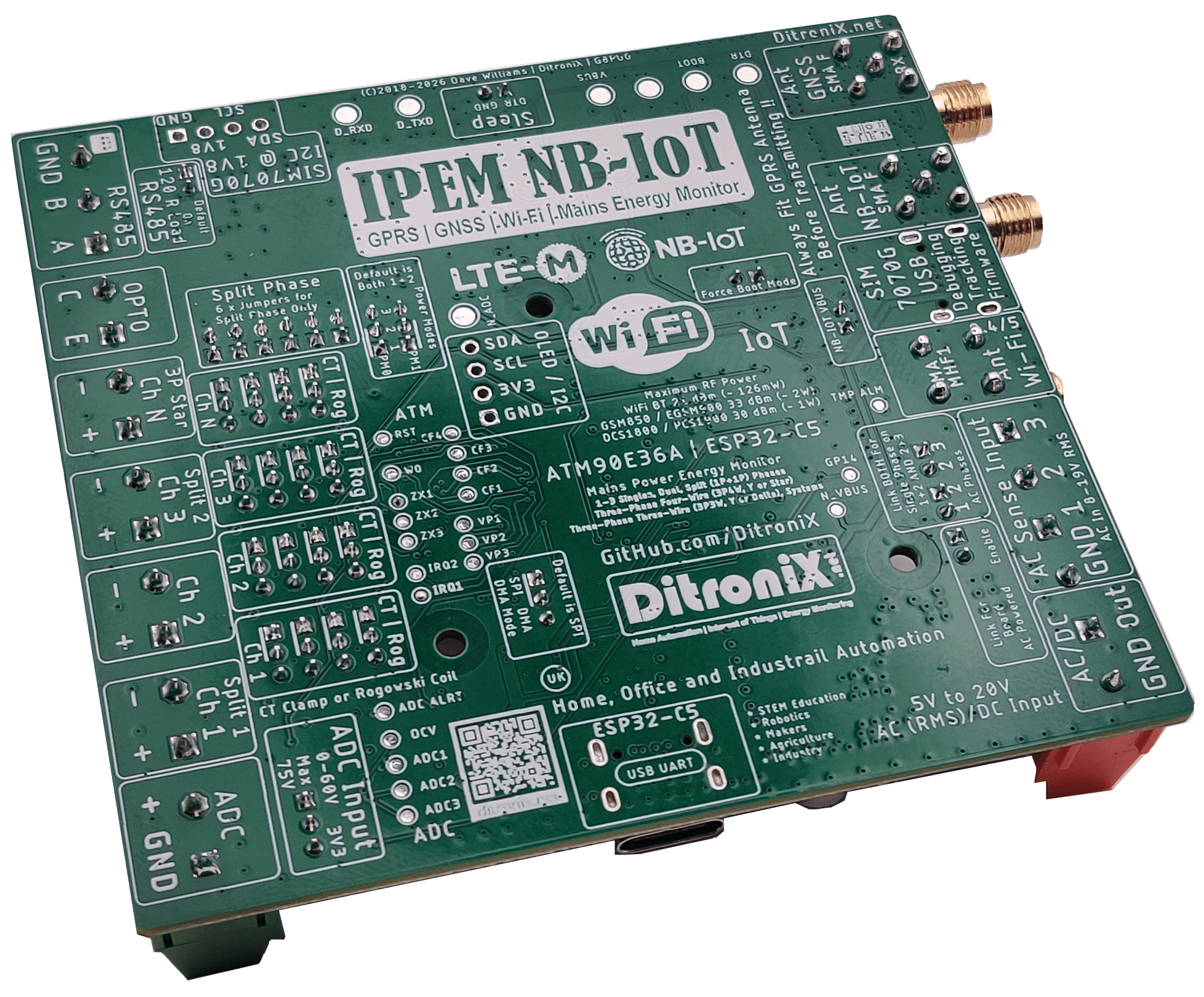 IPEM NB-IOT ATM90E36 ESP32C5 SIM7070G GPRS IoT LTE-M GNSS Mains Power Energy Monitor