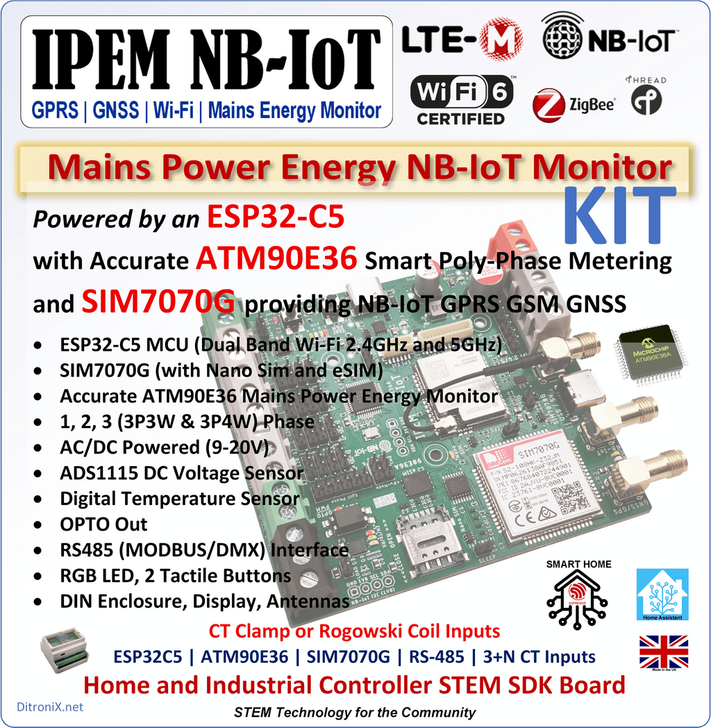 IPEM NB-IOT | KIT | ATM90E36 ESP32C5 SIM7070G GPRS IoT LTE-M GNSS Mains Power Energy Monitor