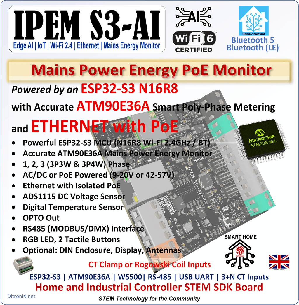 IPEM S3-AI ESP32-S3 ATM90E36A IoT Ethernet Mains Power Energy Monitor