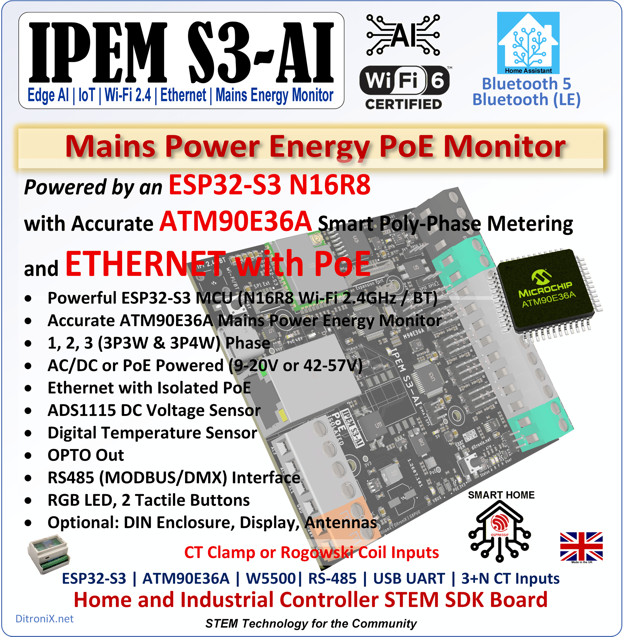 IPEM S3-AI ESP32-S3 ATM90E36A IoT Ethernet Mains Power Energy Monitor