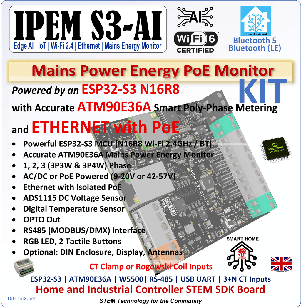 IPEM S3-AI | KIT | ESP32-S3 ATM90E36A IoT Ethernet Mains Power Energy Monitor