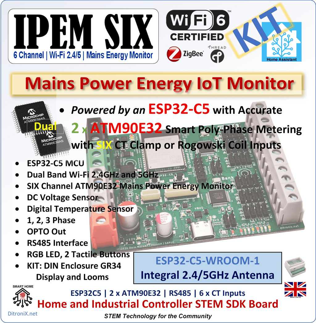 IPEM SIX | KIT | ESP32C5 (INT) | DUAL ATM90E32 IoT Mains Power Energy Monitor