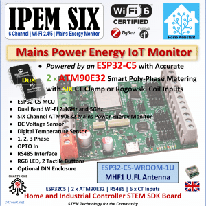 IPEM SIX | ESP32C5 (UFL) | DUAL ATM90E32 IoT Mains Power Energy Monitor